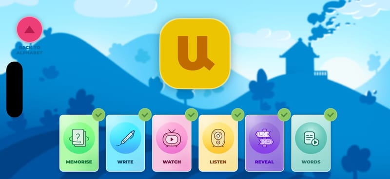 The activity menu for a letter: memorise, write, watch, listen, reveal and words, each ticked off