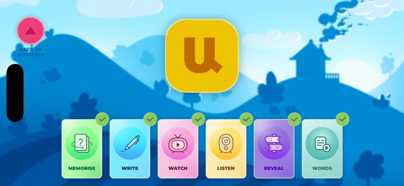 The activity menu for a letter: memorise, write, watch, listen, reveal and words